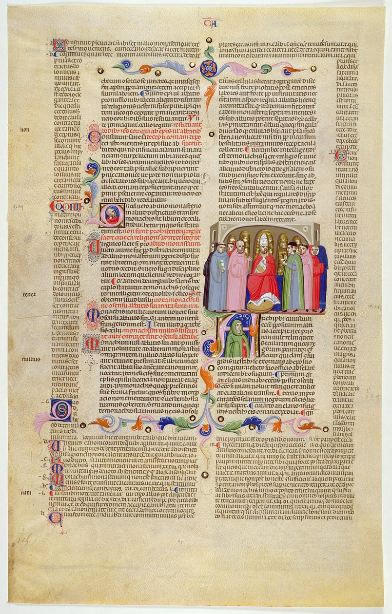 Marlay Cutting IT.10: Blad met miniatuur uit Gratians Decretum met de aartsbisschop op de troon tussen geestelijken en leken door Italian School
