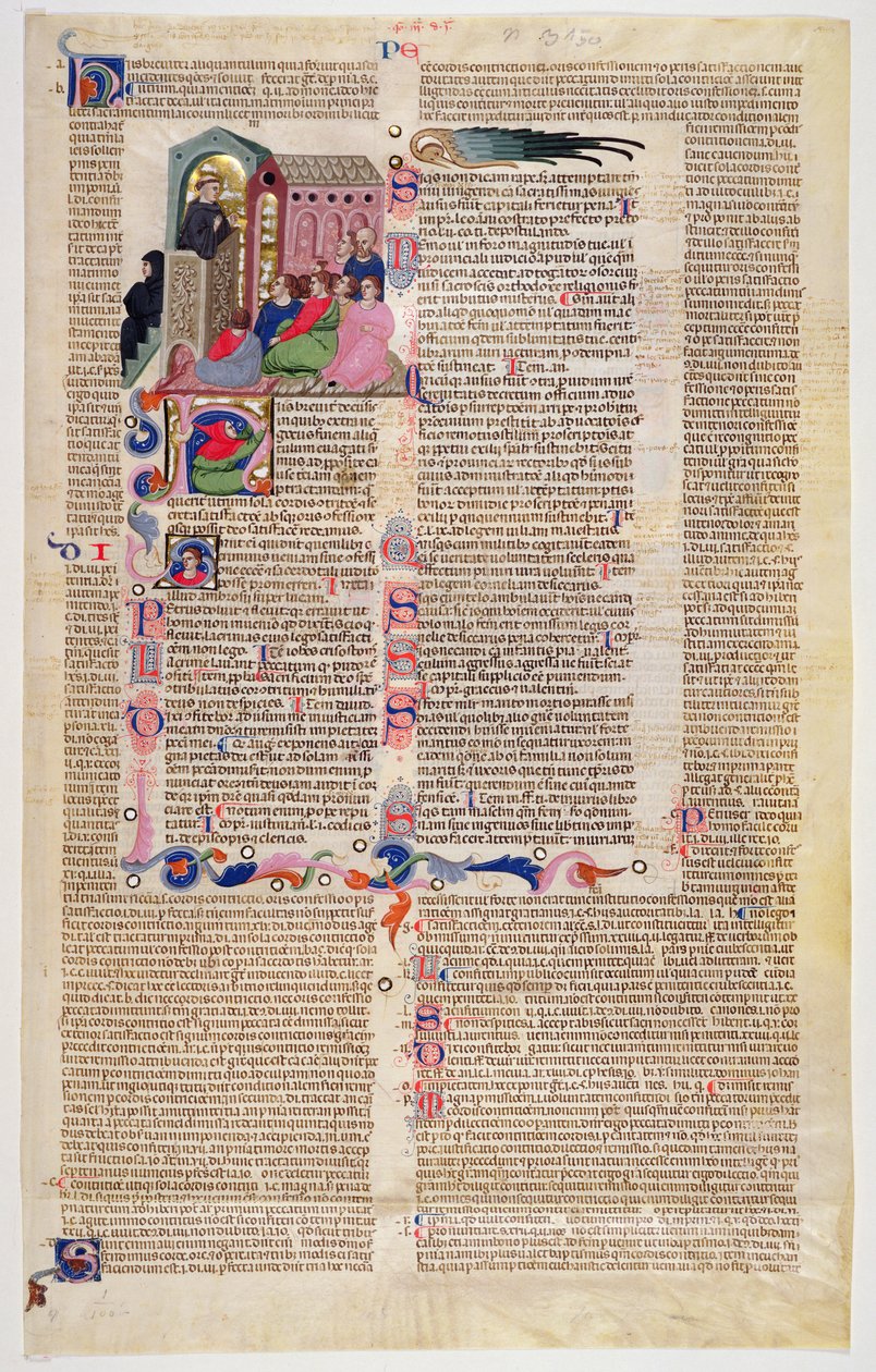 Marlay Cutting IT.11: Blad met miniatuur uit Gratians Decretum met een monnik die preekt voor een congregatie van mannen en vrouwen door Italian School