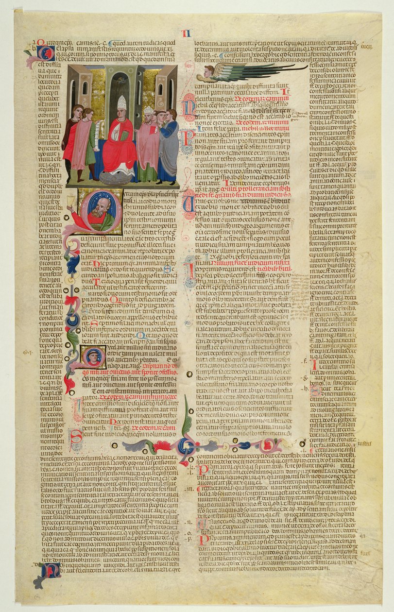 Marlay Cutting IT.3: Blad met miniatuur uit Gratians Decretum met de zaak van de bisschop beschuldigd van vleselijke zonde door Italian School