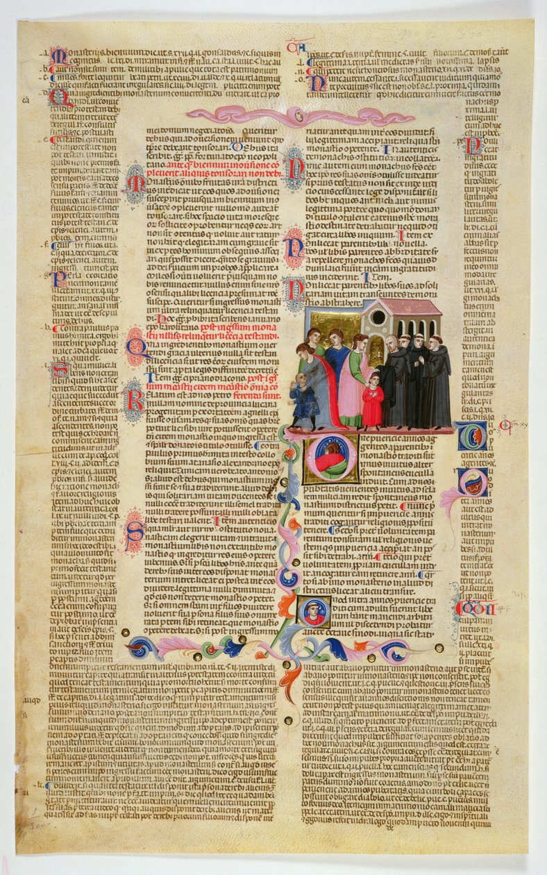 Marlay Cutting IT.9: Blad met miniatuur uit Gratians Decretum met twee jongens naar een klooster gebracht door hun ouders door Italian School