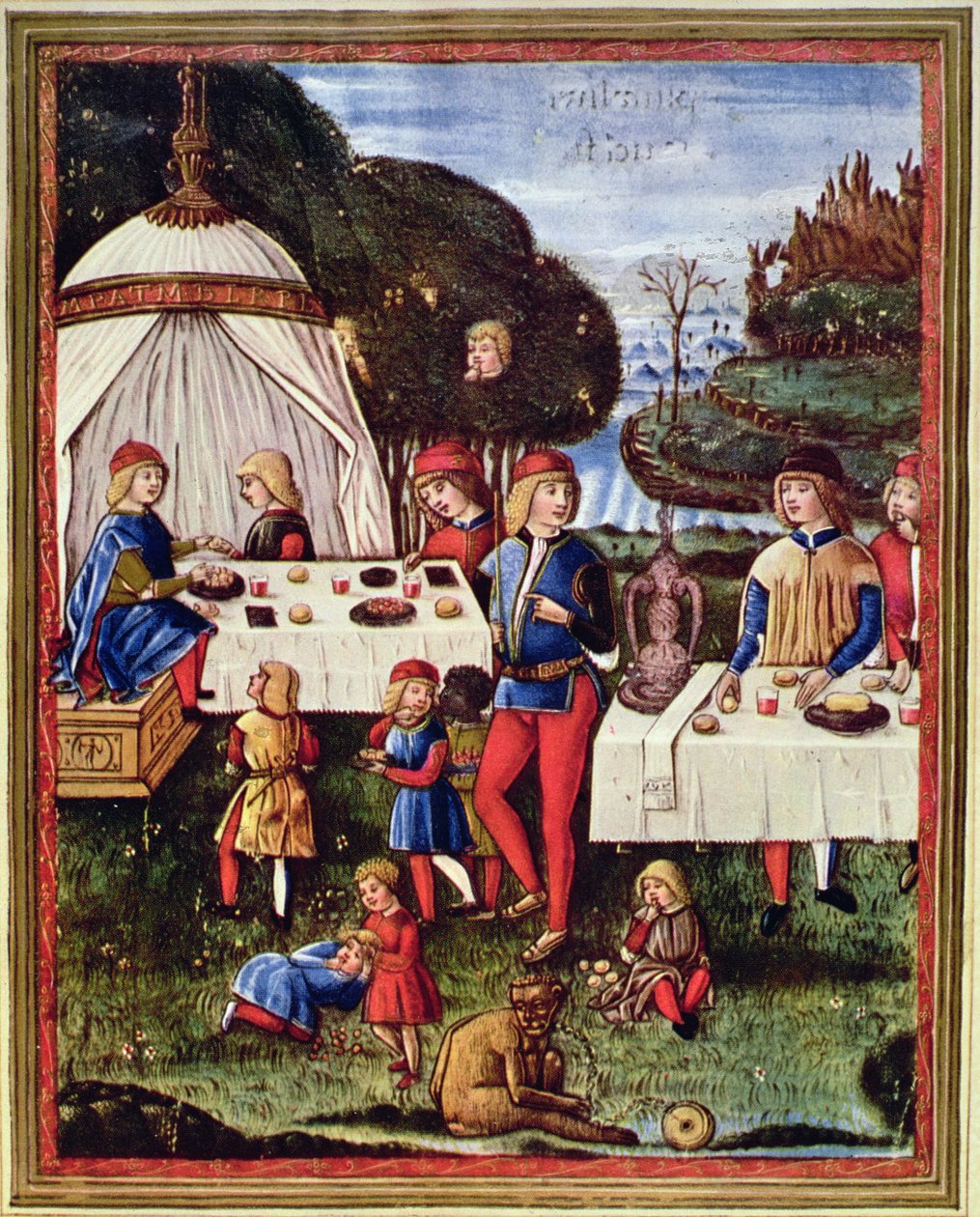 Maximiliaan Sforza als kind aan het eten in de tuin, illustratie uit een kopie van 
