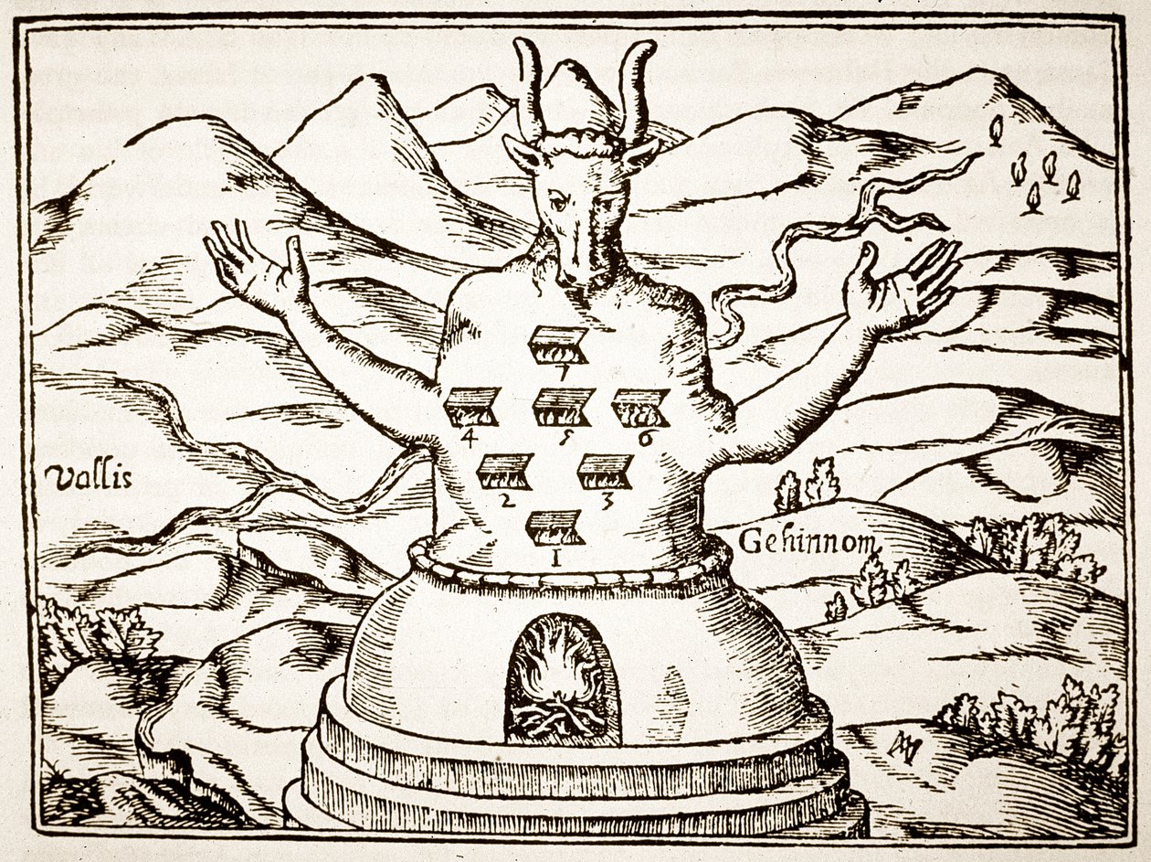 Moloch, kopie van een illustratie uit Oedipus Aegyptiacus door Athanasius Kirchner, Rome 1652, gebruikt in Geschiedenis van de Magie, gepubliceerd eind 19e eeuw door Italian School