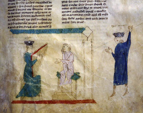 Ms.EST.59 fol.98r De dochter van koning Faramont probeert Tristan te verleiden, uit Het Verhaal van Tristan door Italian School