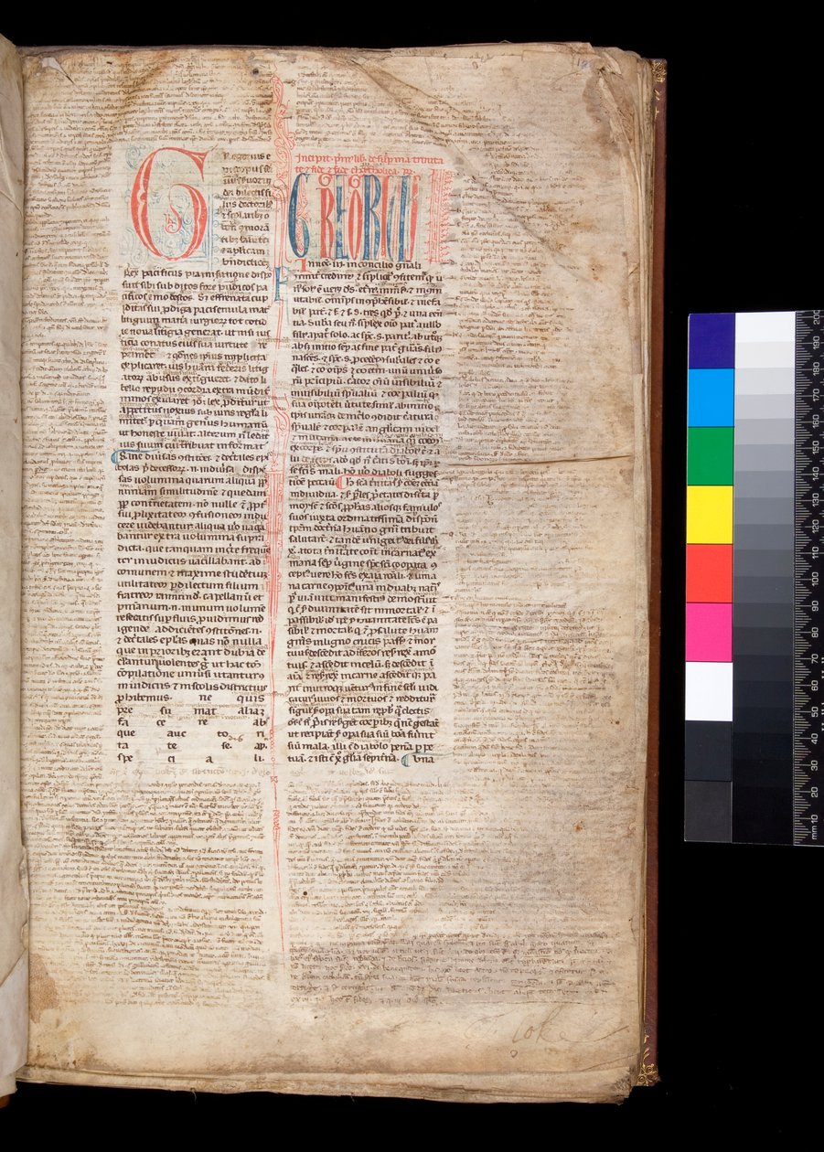 Gregorius IX, Decretales met Apparatus door Bernardo Botone van Parma, initiaal [G] in rood met gereserveerde en blauwe penwerkdecoratie door Italian School