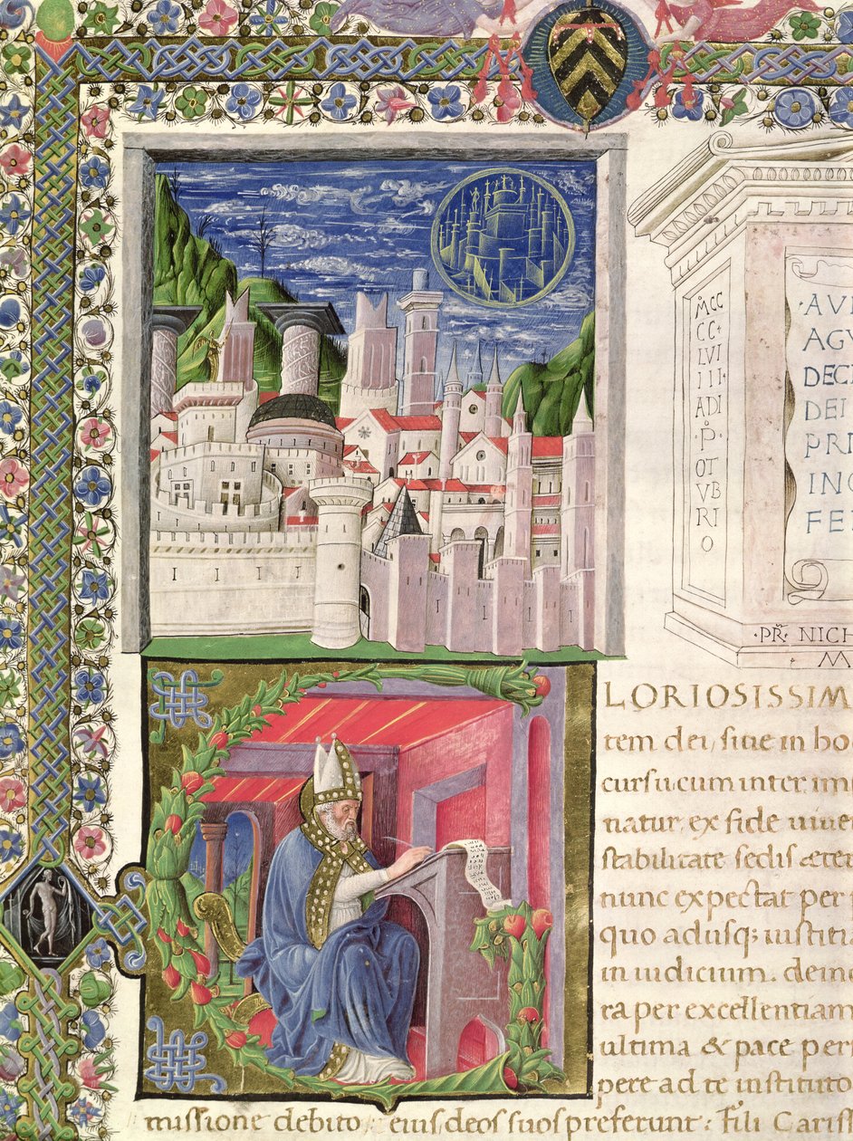 Uitzicht op Rome als de Stad van God, en St. Augustinus die Schrijft, uit 