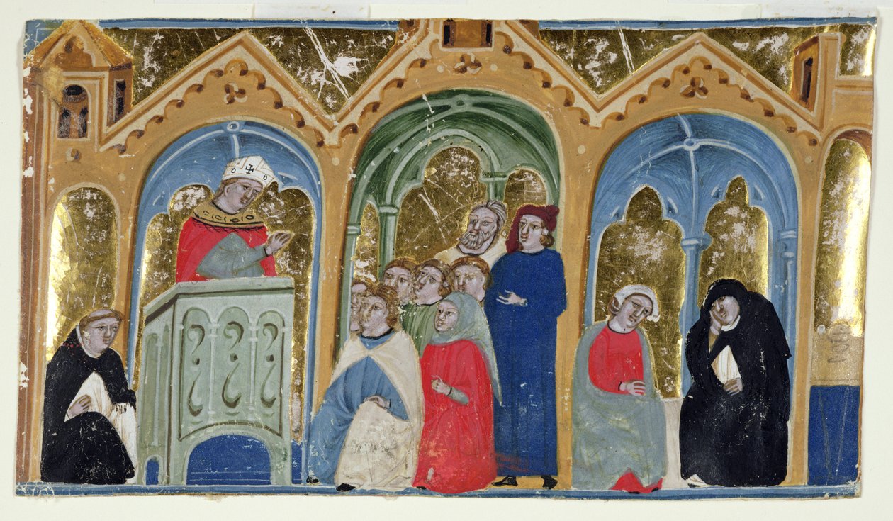 Ms. 400-2000: Miniatuur uit Gratians Decretum met een bisschop die preekt voor een congregatie, ca. 1325-30 door Italian School