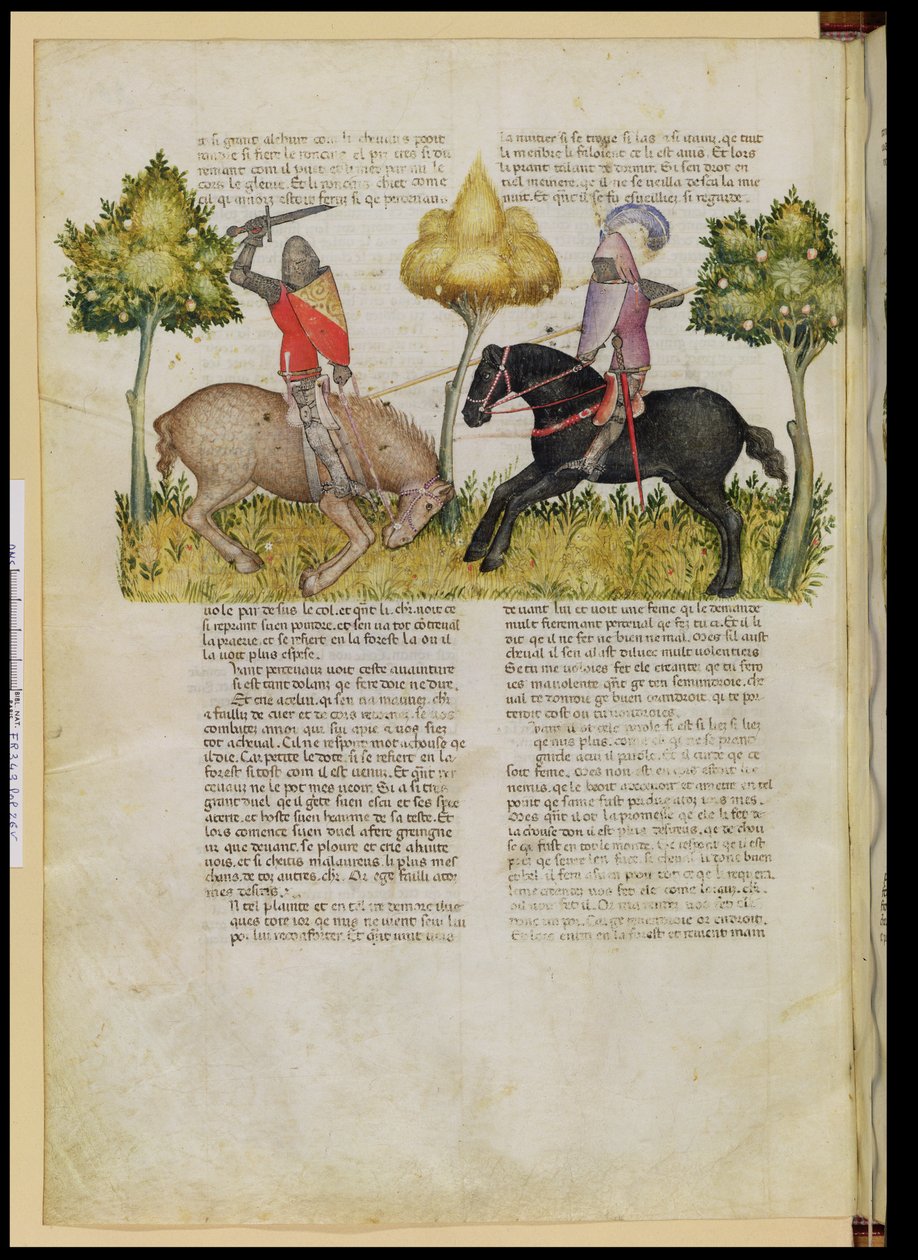 Sir Percivals paard wordt gedood, uit de Queste del Saint Graal, ca. 1380-85 door Italian School