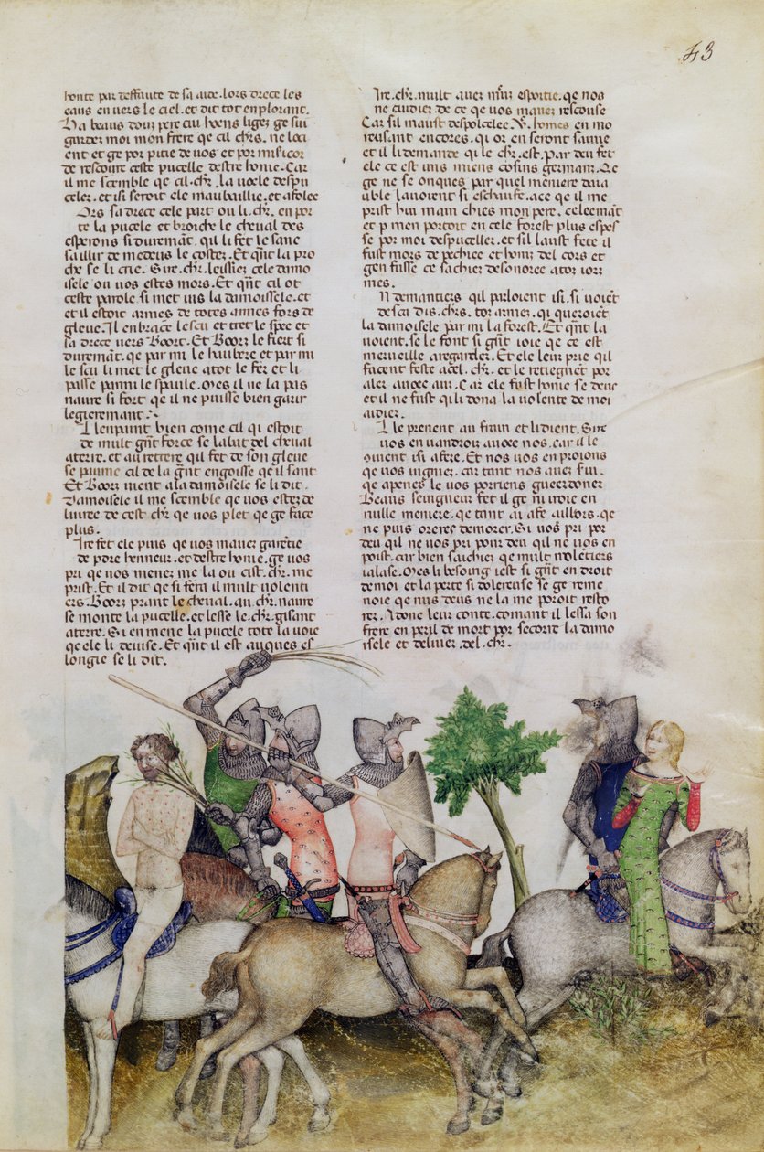 Een ridder van de Ronde Tafel, Sir Bors, moet kiezen tussen het redden van zijn broer Lionel of het redden van een jonkvrouw, uit de Queste del Saint Graal, c.1380-85 door Italian School