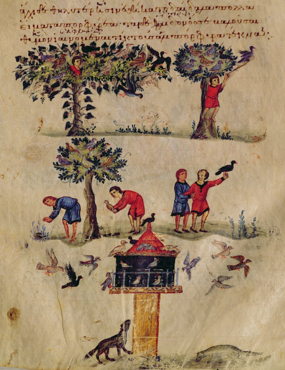 Vogels jagen, illustratie waarschijnlijk uit de Ixeutika door Oppian door Italian School