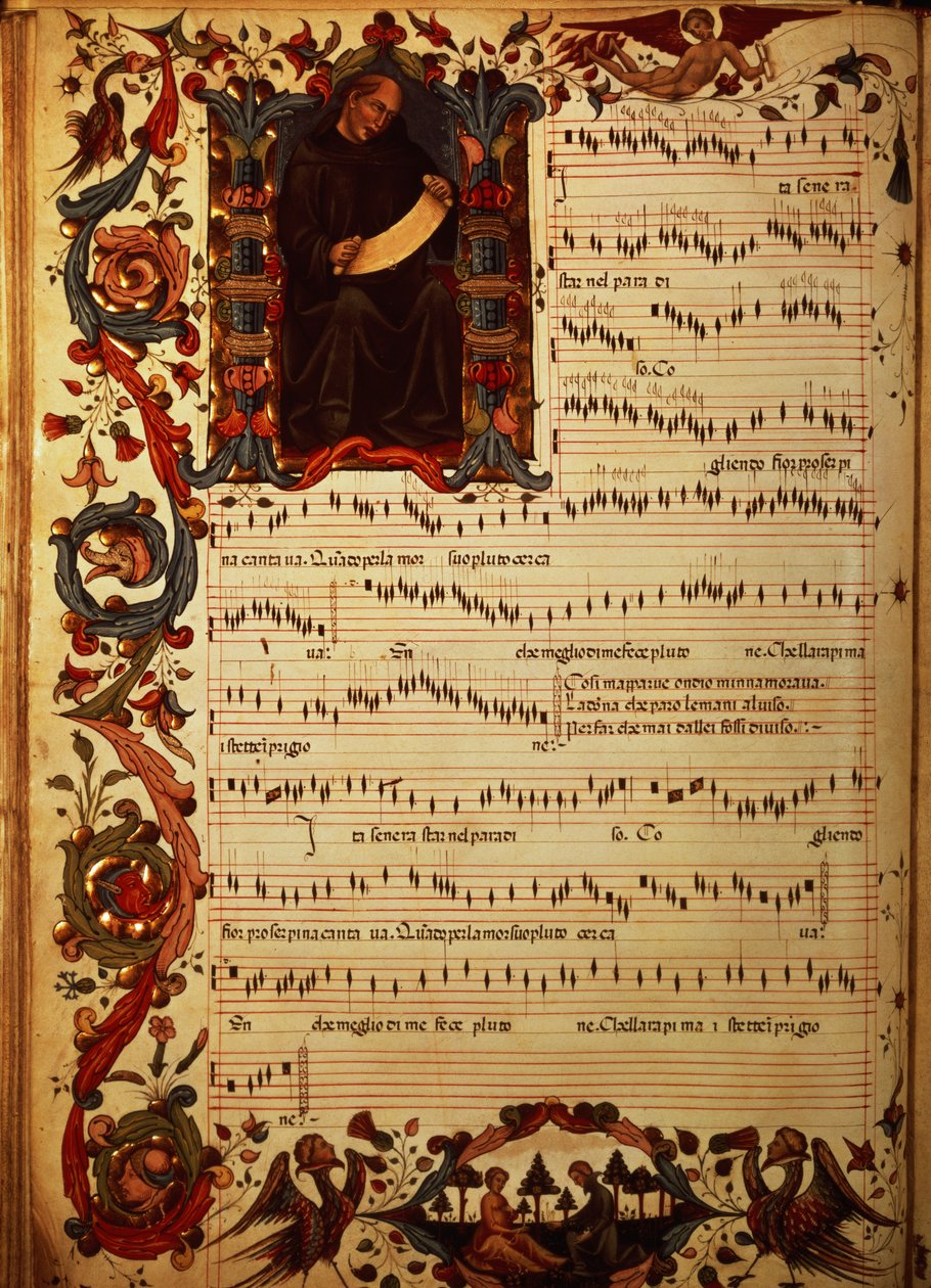 Ms Med. Pal. 87 Pagina van Muzikale Notatie met geïllustreerde initiaal, uit de Squarcialupi Codex, geproduceerd in het Florentijnse klooster van S. Maria degli Angeli door Italian School
