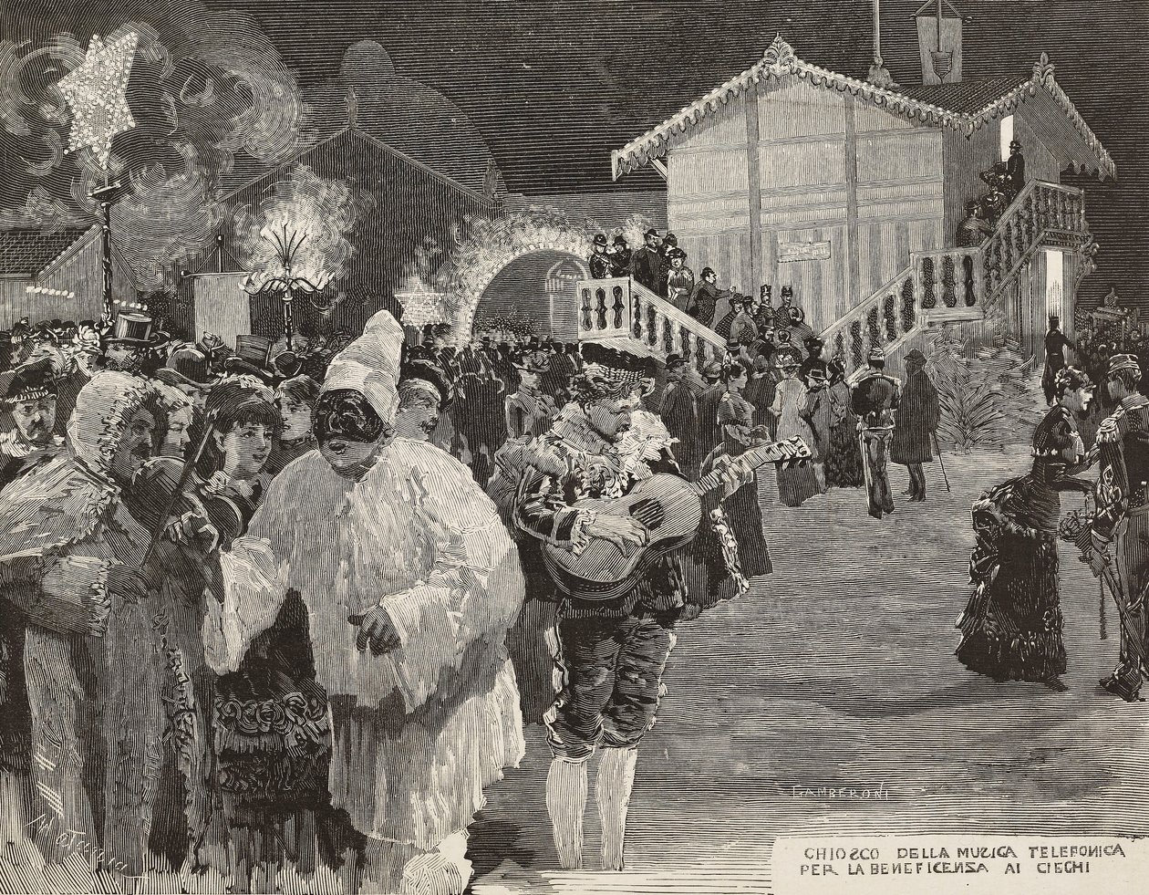 Muziekkiosk om geld in te zamelen voor blinden, Pulcinella-masker, Carnaval in Napels, Italië, gravure naar tekening van Matania, gravure door Gamberoni uit L
