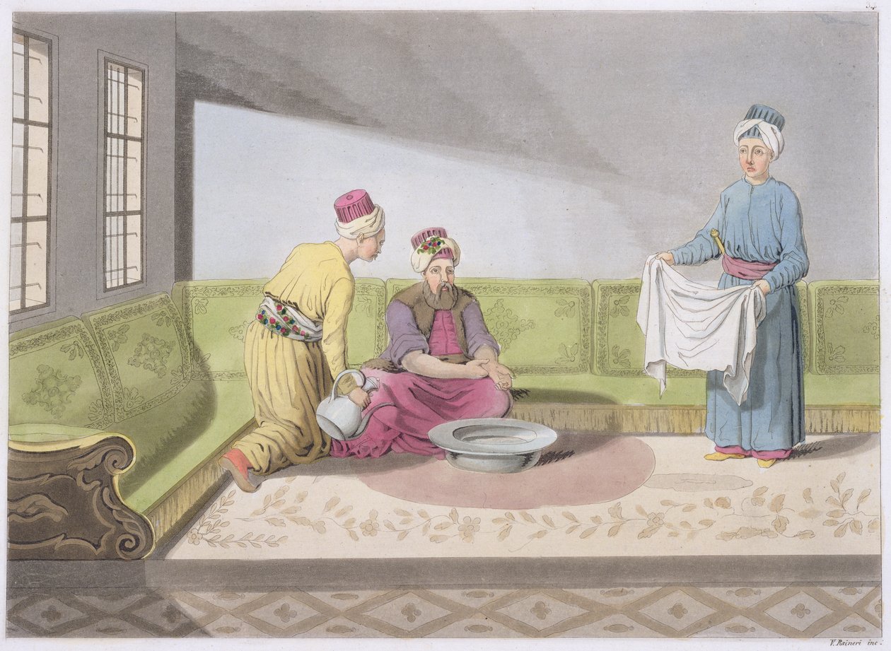 Moslim die zijn Wassing Verricht, plaat 34 uit Deel III, Volume I van De Geschiedenis van de Naties, gegraveerd door V. Raineri door Italian School