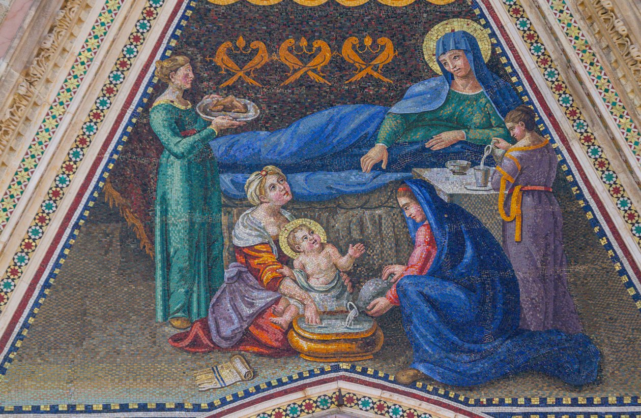 Geboorte van Maria, mozaïek, gevel van zij-ingang, gevel van de kathedraal van Orvieto, Umbrië, Italië door Italian School