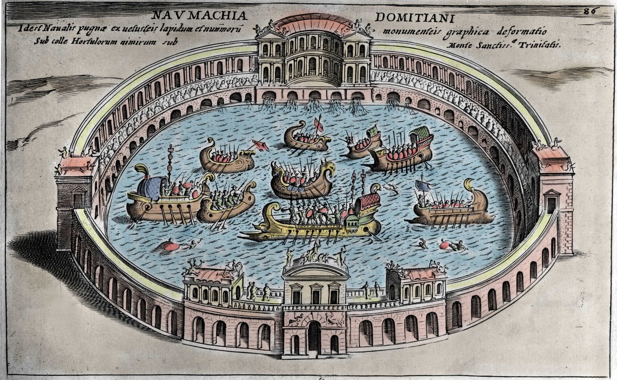 Naumachia, zeeslag in een amfitheater in Rome. door Italian School
