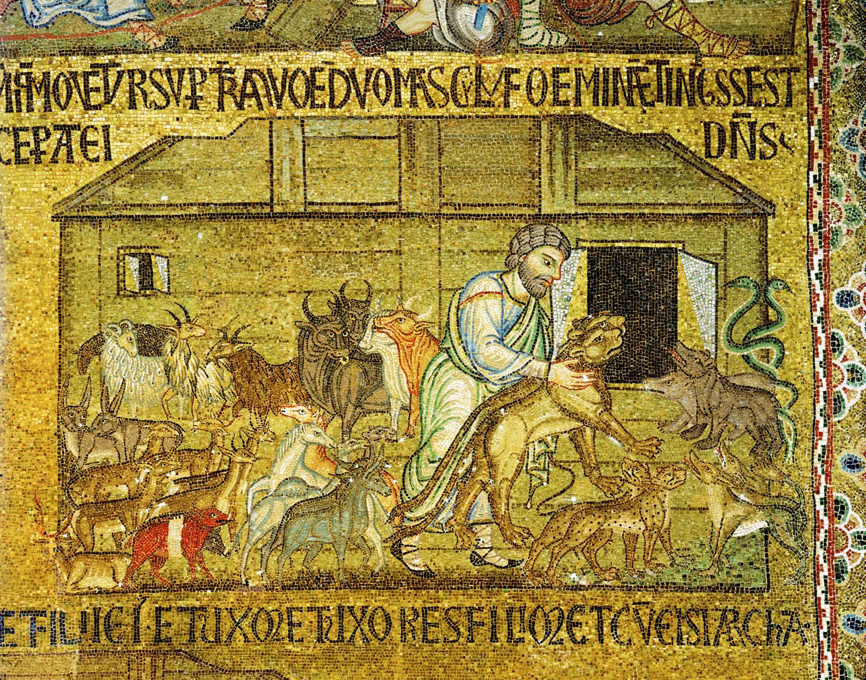 Noach helpt paren dieren de ark binnen te gaan ... (mozaïek) door Italian School