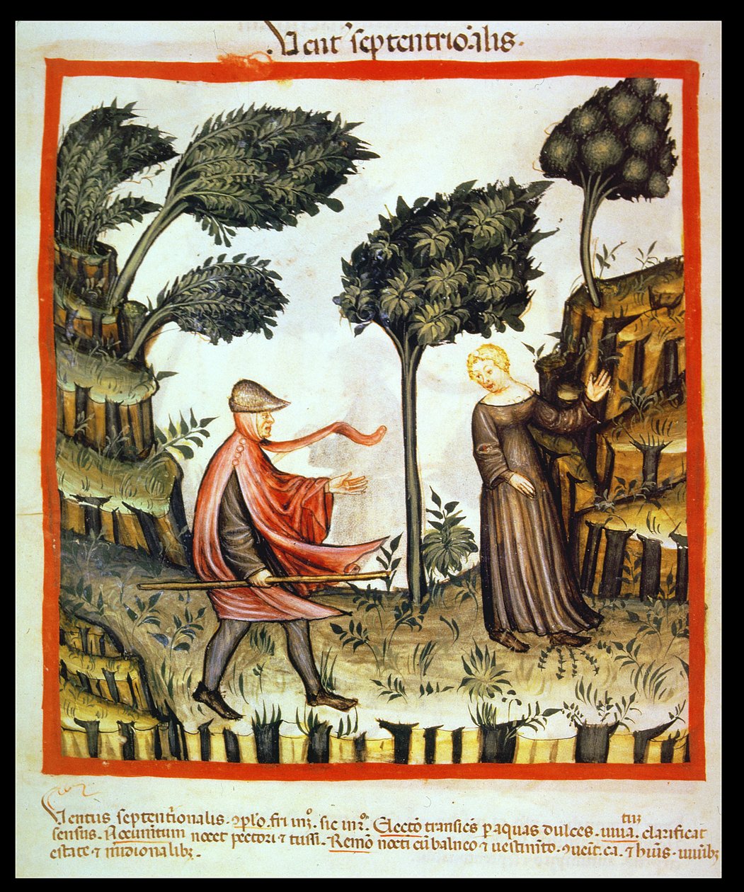 Nova 2644 fol.58v De Noordwind, uit Tacuinum Sanitatis door Italian School