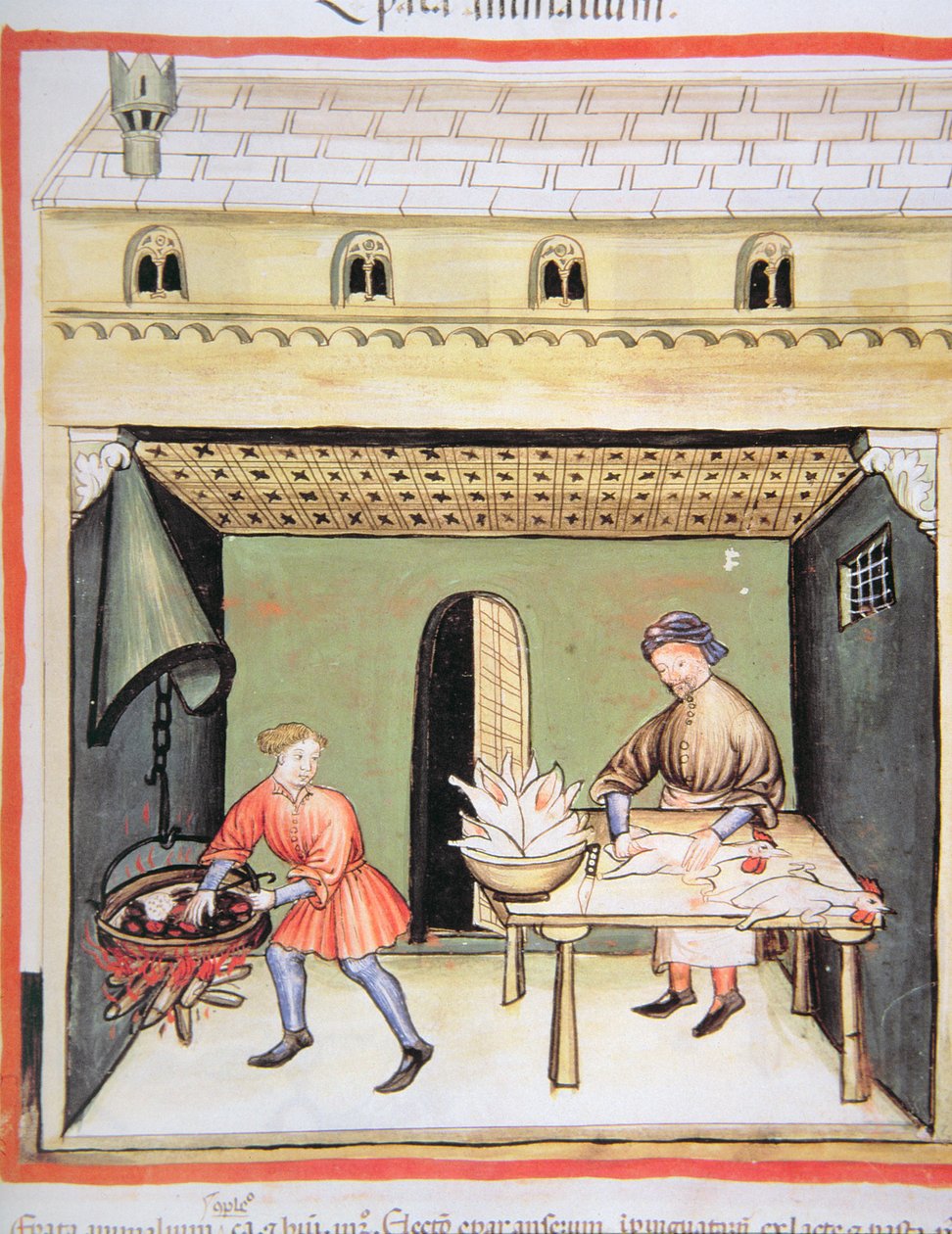 De slagers: Lever koken, uit Tacuinum Sanitatis door Italian School