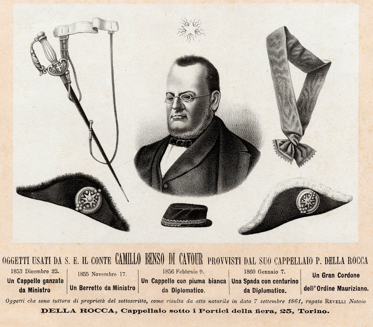 Objecten gebruikt door Camillo Benso graaf van Cavour (1810-1861) - hoeden en insignes van zijn politieke en diplomatieke functies, met het grote koord van de Orde van Sint-Mauritius en Sint-Lazarus (Ordine dei Santi Maurizio e Lazzaro) - Gravure 19e eeuw door Italian School