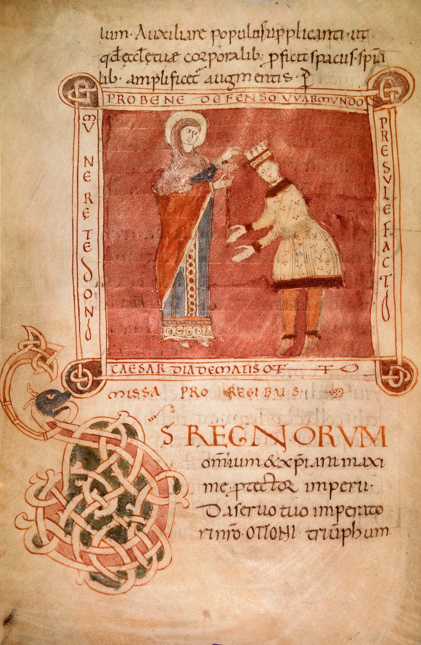 Otto I gekroond door de Maagd Maria, uit het Sacramentarium van Bisschop Warmondo door Italian School