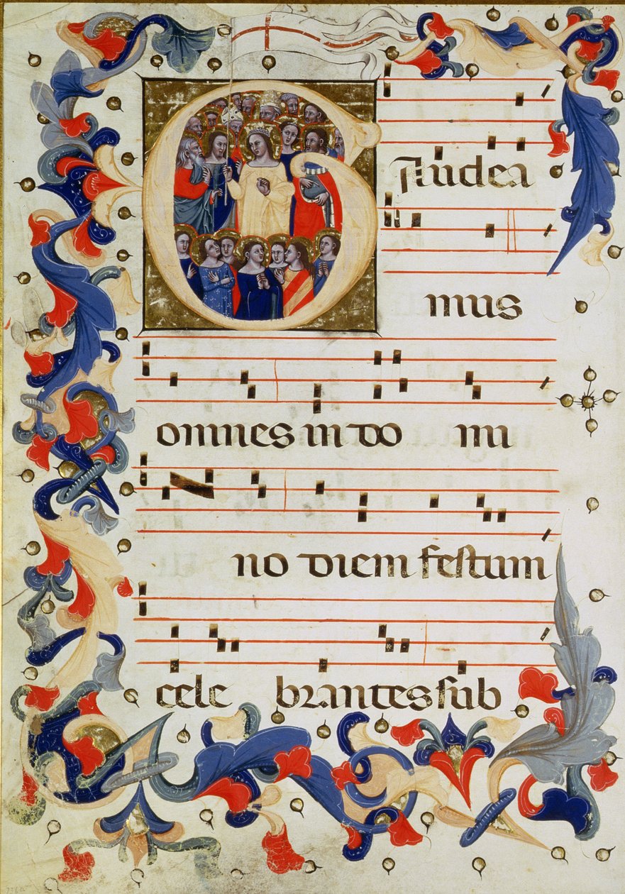 Pagina met muzikale notatie en een geïllustreerde initiaal G met een groep heiligen en St. Ursula in het midden door Italian School