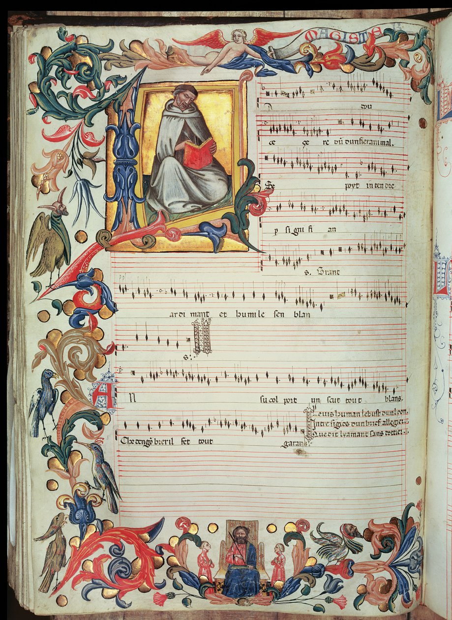 Pagina met muzikale notatie en een gehistorieerde initiaal, uit het Squarcialupi Codex, geproduceerd in het Florentijnse klooster van S. Maria degli Angeli door Italian School