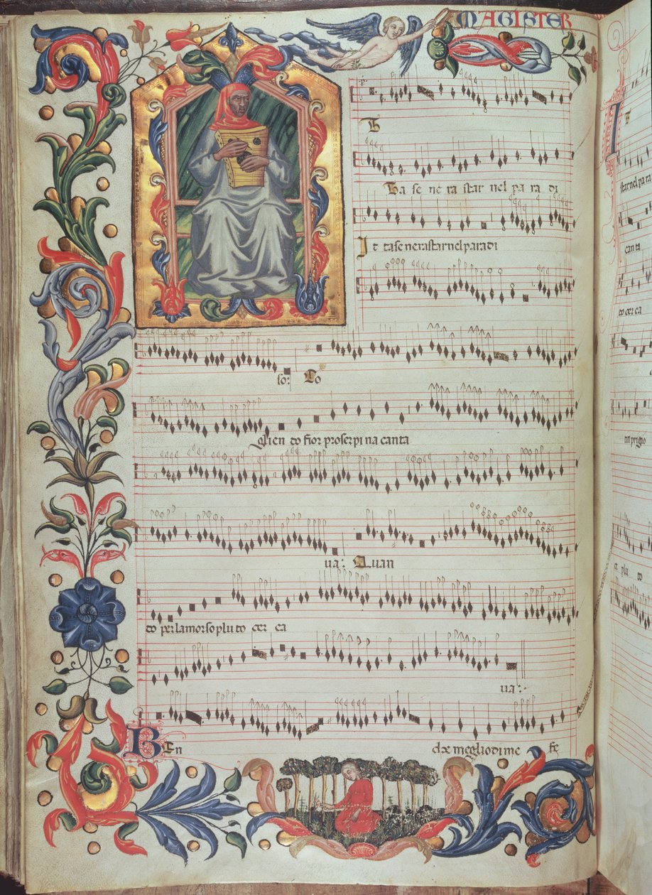 Pagina met muzikale notatie en een gehistorieerde initiaal, uit het Squarcialupi Codex, geproduceerd in het Florentijnse klooster van S. Maria degli Angeli door Italian School