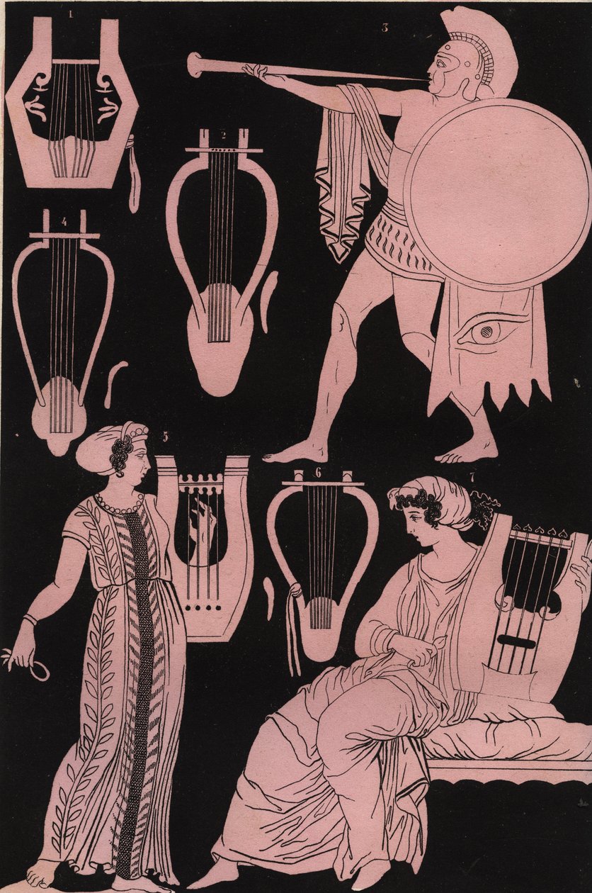 Pijpen, lieren en andere muziekinstrumenten in het oude Griekenland - Oud-Grieks muziekinstrument - gravure uit "Usi e Costumi di Tutti i Popoli dell
