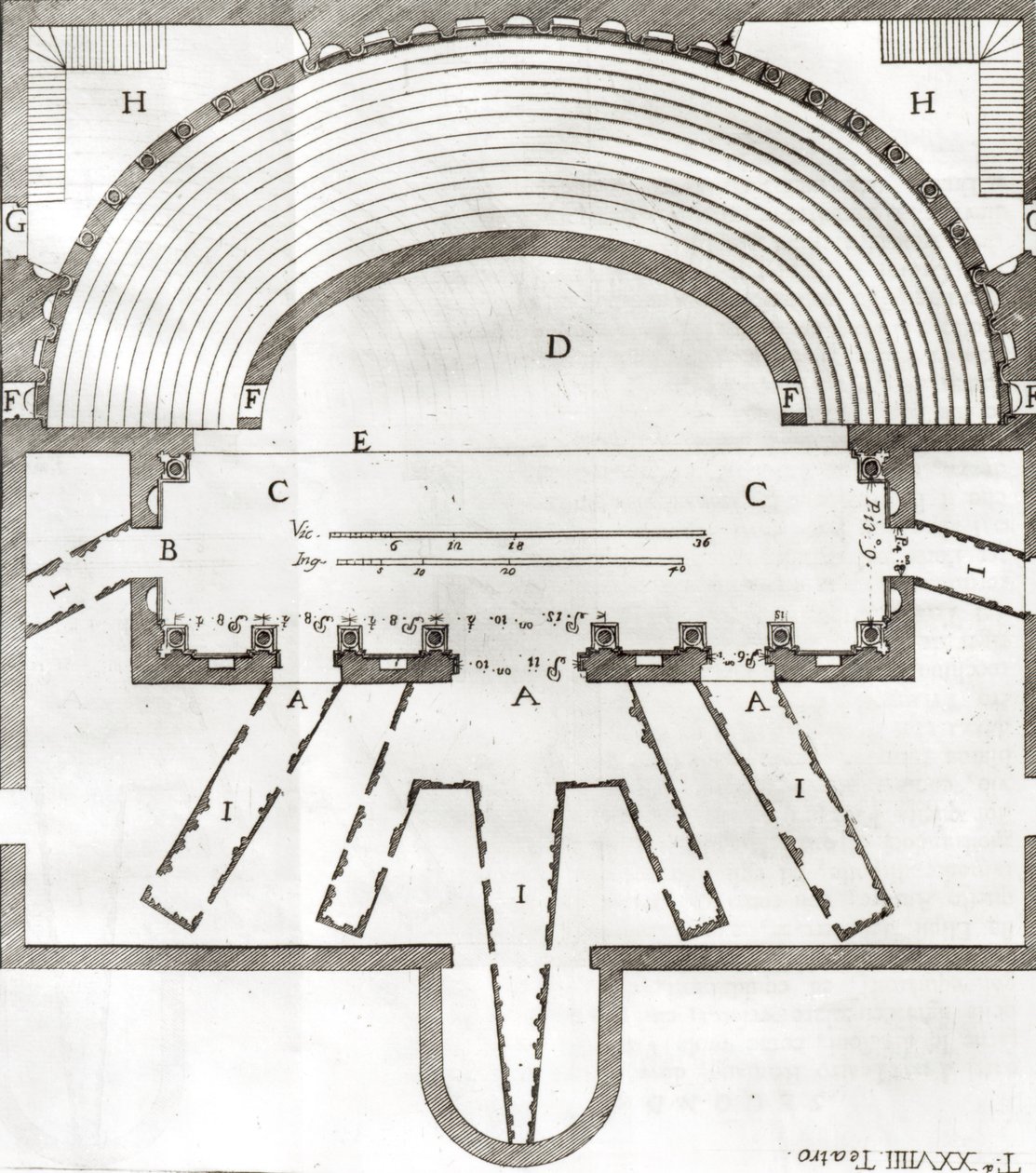 Plattegrond van het Olympisch Theater, Vicenza, ontworpen door Andrea Palladio (1508-80) gebouwd in 1580-85 door Italian School
