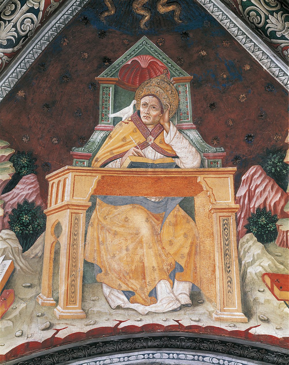 Paus Gregorius I, in de Kapel van Sint Margaretha van Antiochië, gewelf van het Heiligdom van Santa Maria Assunta (fresco) door Italian School