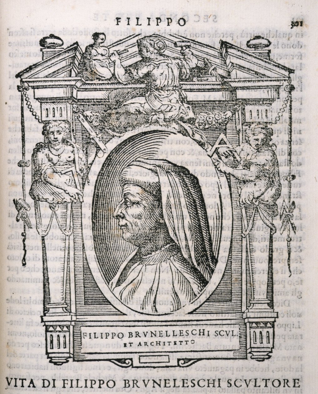 Portret van Filippo Brunelleschi (1377-1446) uit Vasaris Levens van de Kunstenaars, voor het eerst gepubliceerd in 1550 door Italian School