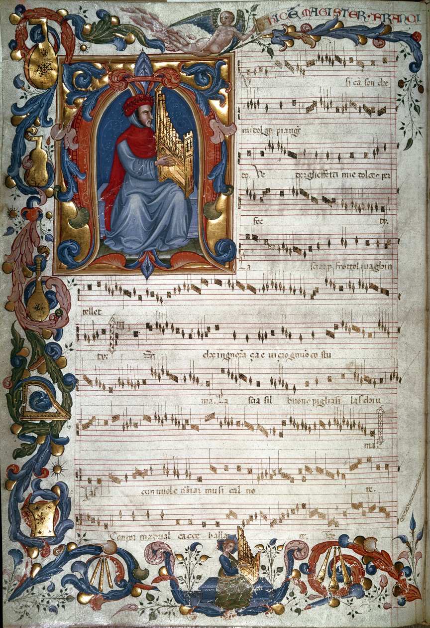 Portret van Francesco Landino en een muziekpartituur, illustratie uit 