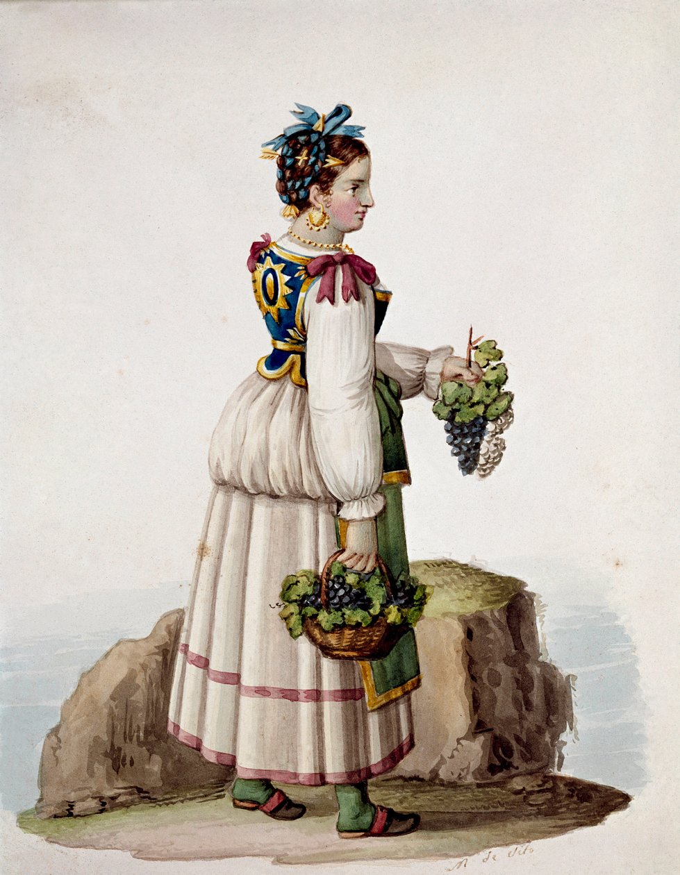 Portret van een jonge vrouw uit Capri, in traditionele kleding, met druiven door Italian School