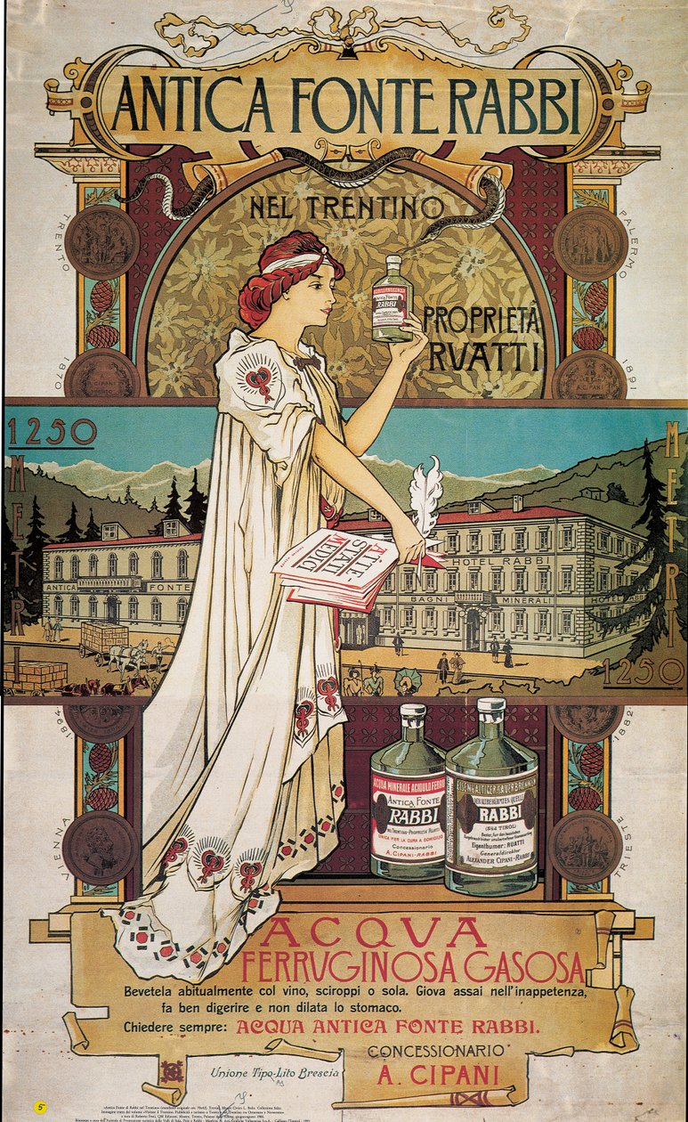 Poster die geneeskrachtig water van de Antica Fonte di Rabbi nel Trentino adverteert door Italian School