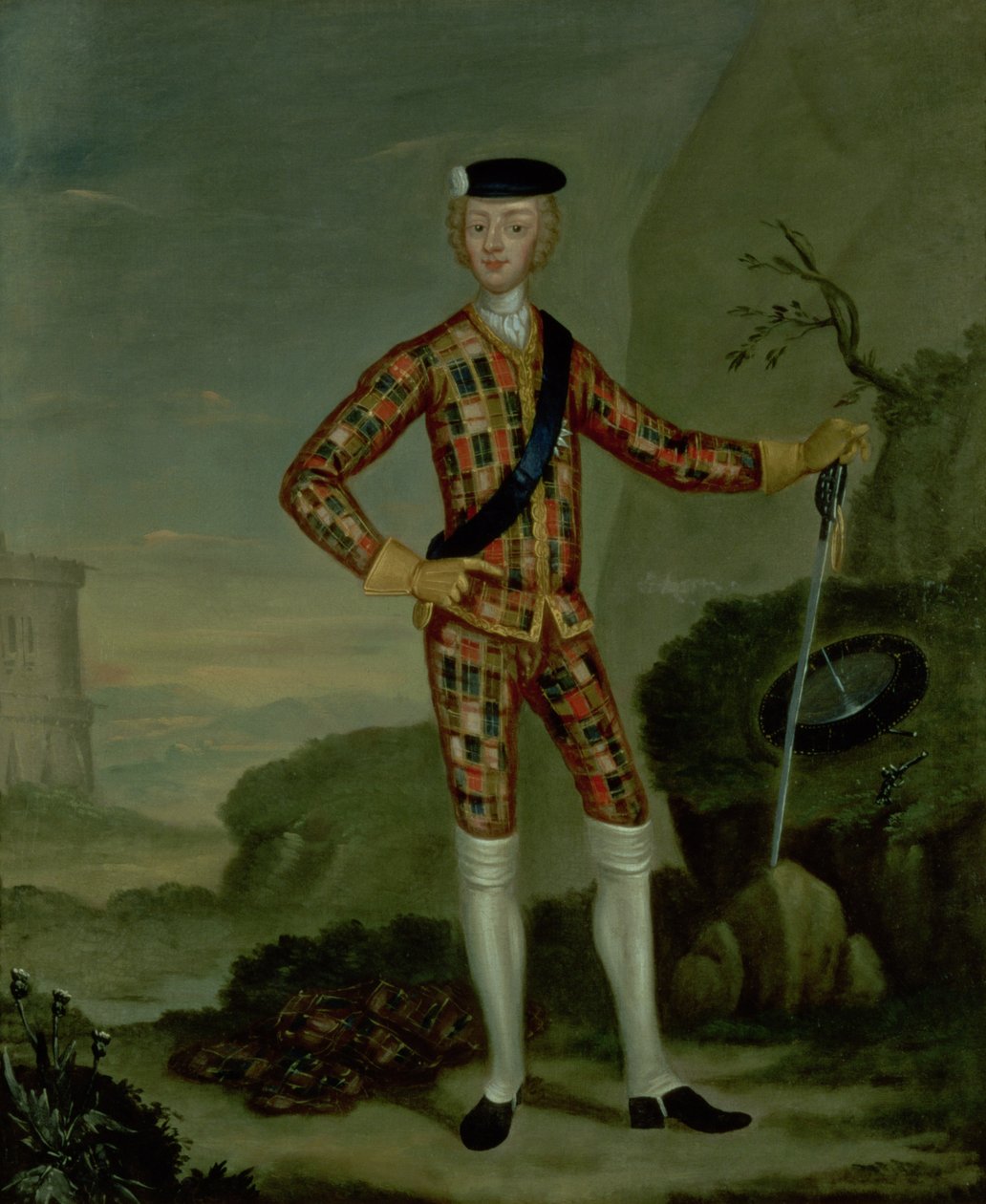 Prins Charles Edward (Bonnie Prince Charlie, 1720-88) in Tartan door Italian School