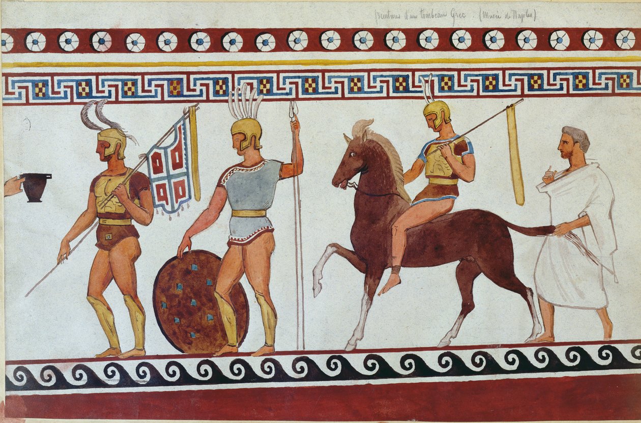 Reconstructie van grafschildering uit Paestum die Griekse voetsoldaten en cavalerie afbeeldt door Italian School