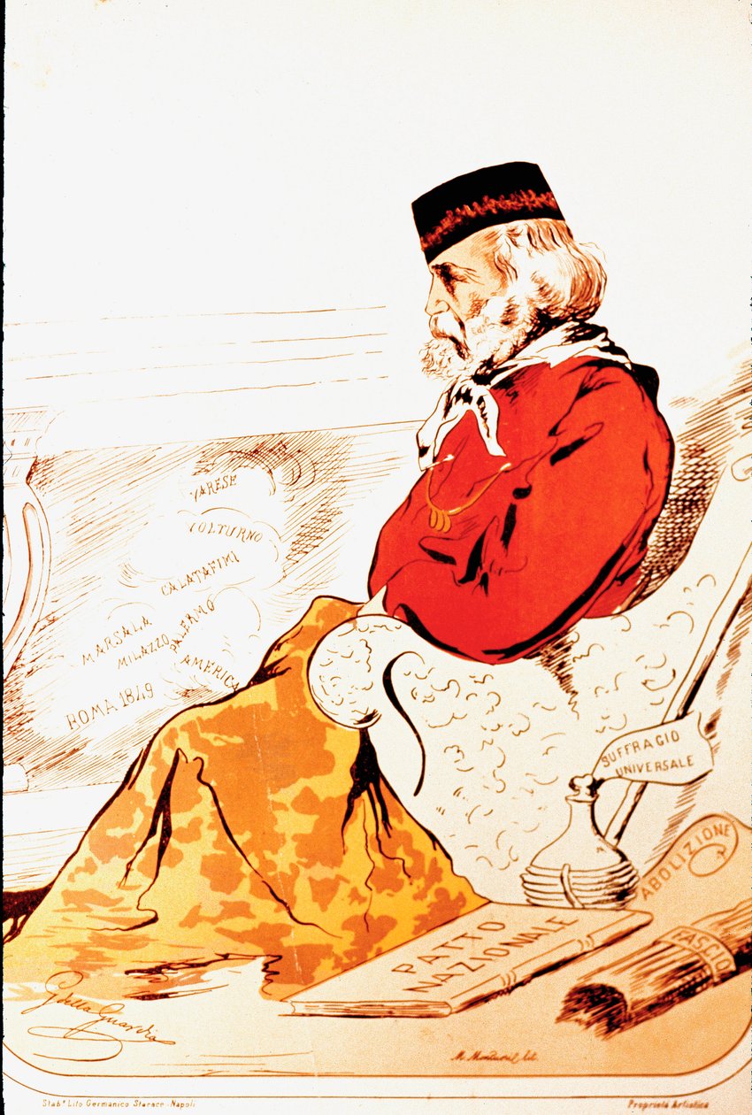 Voorstelling door leden van de parlementaire rechterzijde van de helden van het Risorgimento en de Italiaanse patriot Giuseppe Garibaldi (1807-1882) in 1874. Tekening. Rome, Museo del Risorgimento door Italian School