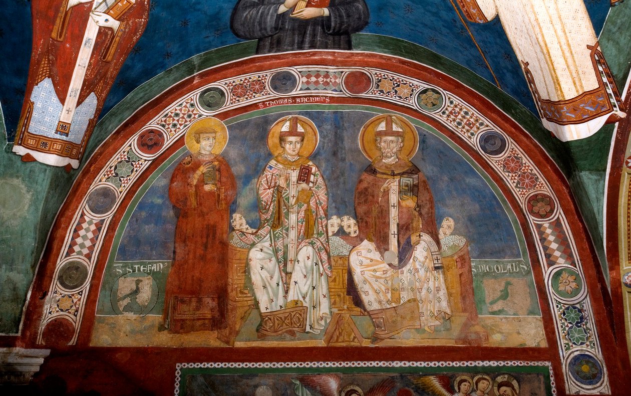 Voorstelling van Sint Stefanus, christelijke martelaar, Sint Thomas Becket (1118-1170), aartsbisschop van Canterbury en Sint Nicolaas van Myra of Bari (270-345) Anonieme fresco (13e eeuw) Lagere kerk. Klooster van Sint Benedetto (Sacro Speco), Subiaco (Rom door Italian School