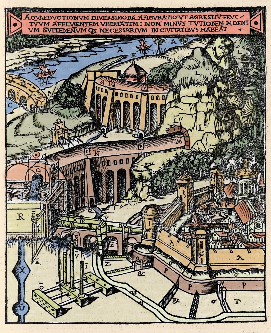 Voorstelling van een aquaduct. Gekleurde gravure uit 