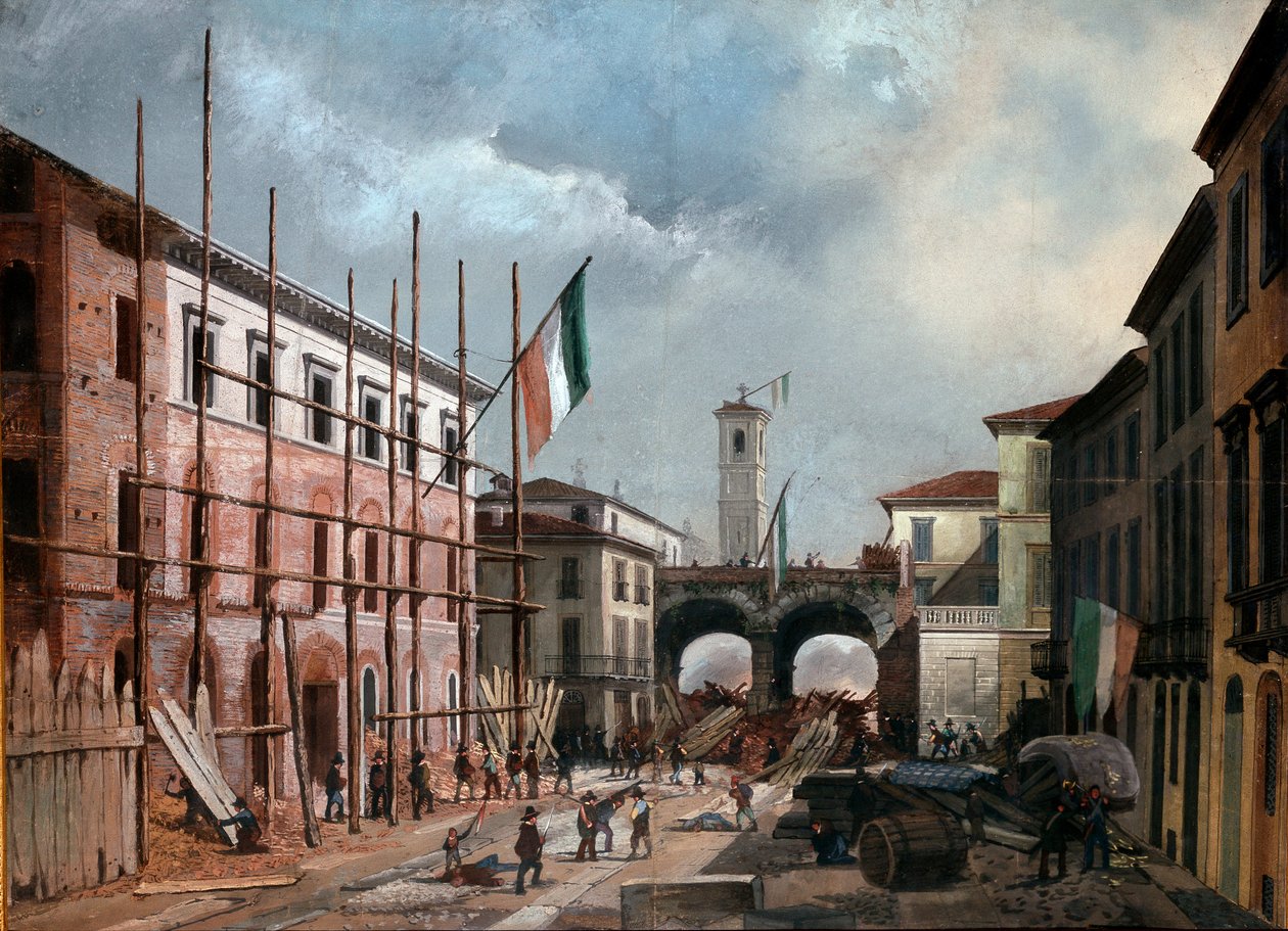 Revoluties van 1848, Vijf Dagen van Milaan: verdediging van de boog van Porta Nuova op 19 maart (schilderij) door Italian School