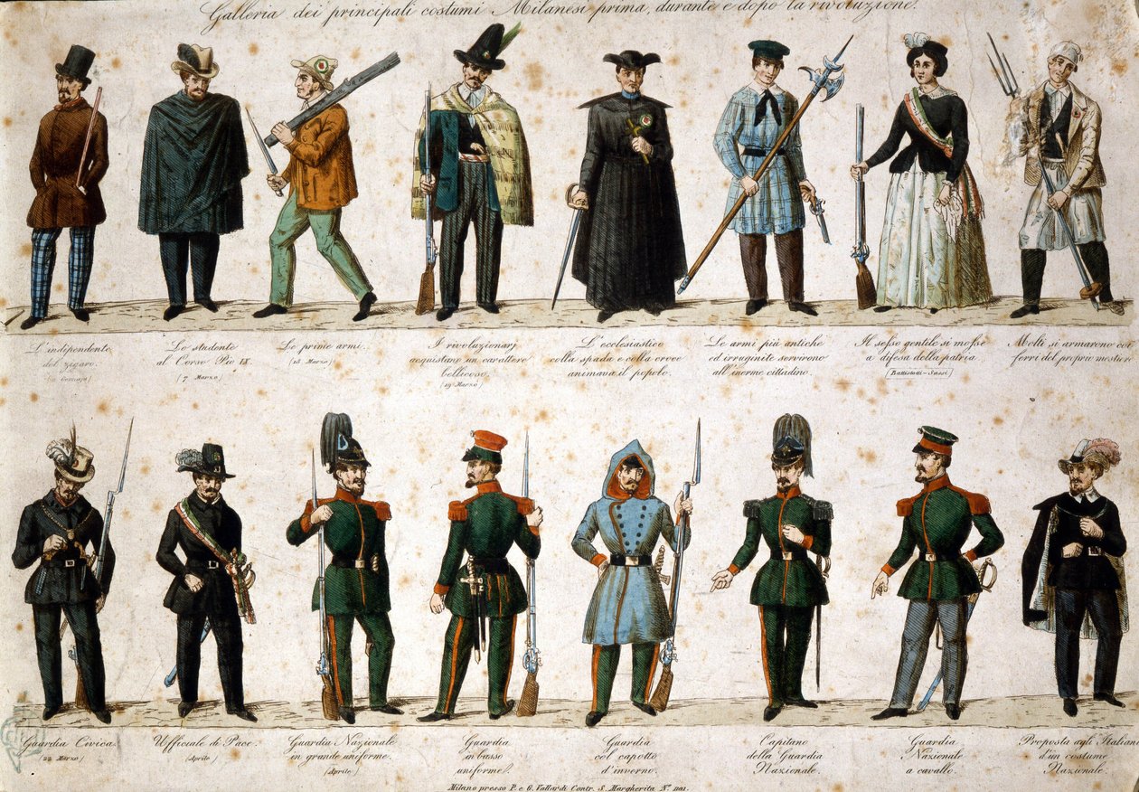 Risorgimento: De Vijf Dagen van Milaan (Cinque giornate di Milano) (18-22 maart 1848): dit is een van de eerste episodes van de Revoluties van 1848 (onderdeel van de Eerste Italiaanse Onafhankelijkheidsoorlog) die de opkomst van de opstandige Milanese bevo door Italian School