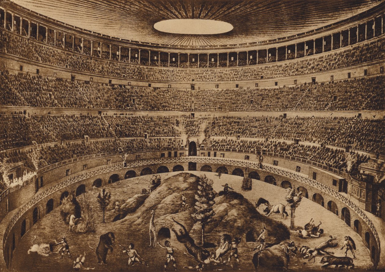 Roma / Rome: Interieur van het Colosseum, De jacht op de beurzen, historische reconstructie (litho) door Italian School