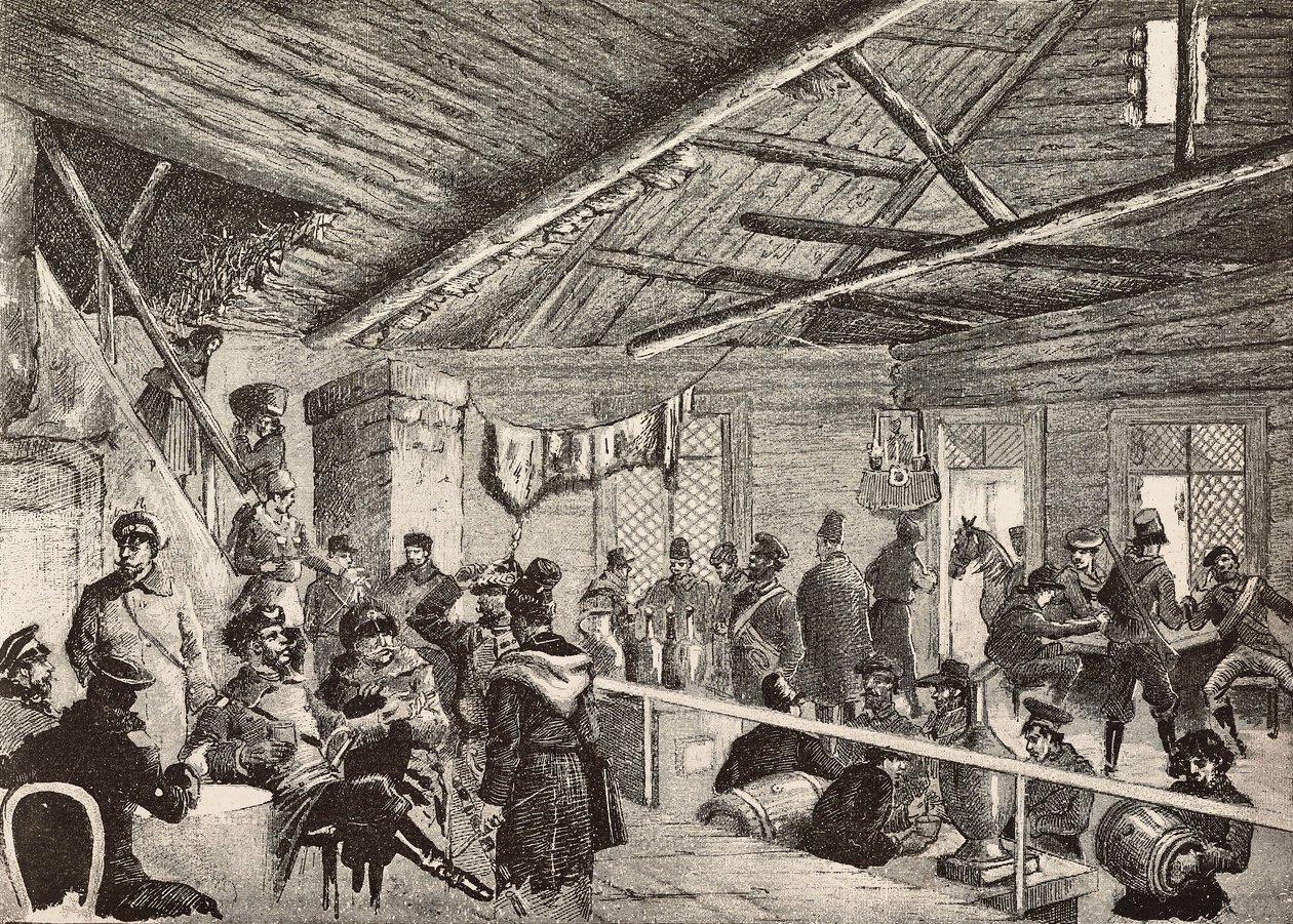 Russische soldaten in taverne nabij de vestingwerken van Warschau, Polen, gravure naar schets van Fritzmann, uit L