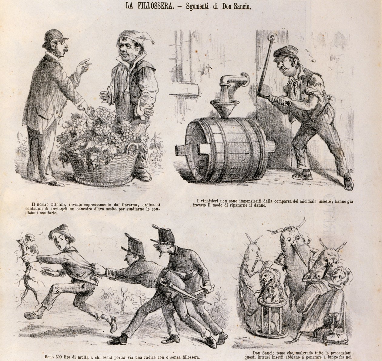 Satirische cartoon gewijd aan de wijnbouwcrisis veroorzaakt door phylloxera, illustratie uit satirische krant Spirito Folletto, 18 september door Italian School