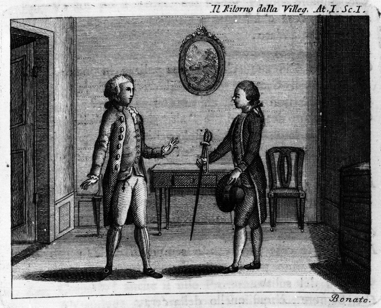 Scène 1 van Acte I van het komische stuk "Ritorno della villeggiatura" (Terugkeer van de stad) (1761) door Carlo Goldoni (1707-1793). Gravure uit de 18e eeuw door Italian School