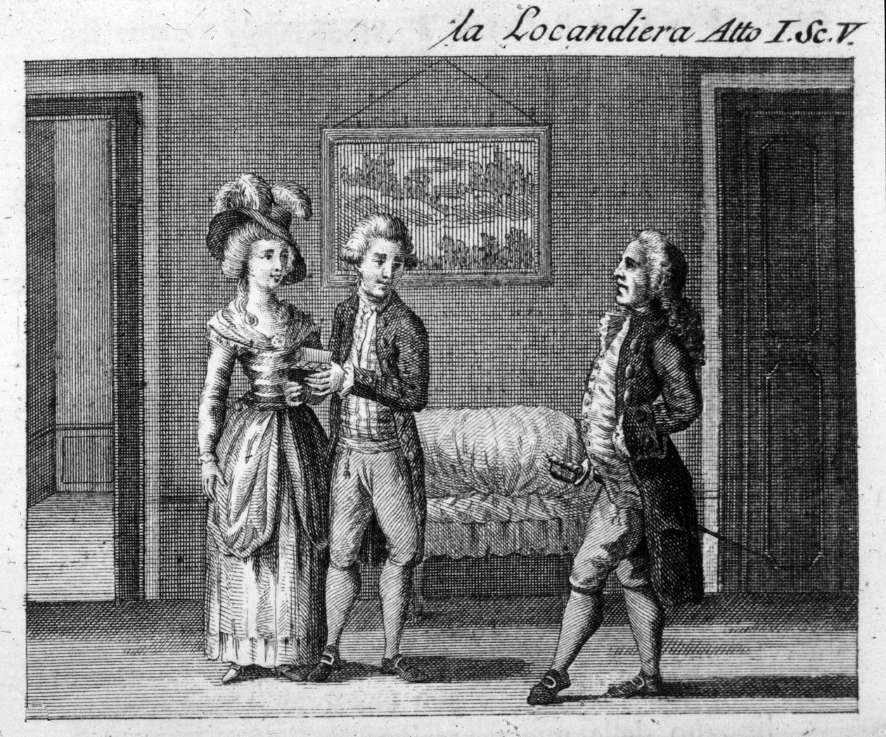 Scène 5 van Acte I van het stuk "La locandiera" (1753) door Carlo Goldoni (1707-1793). Gravure uit de 18e eeuw door Italian School