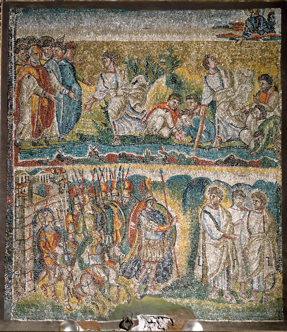Scènes uit het boek Jozua: De inname van Jericho, De zeven priesters die de Ark van het Verbond dragen (mozaïek) door Italian School