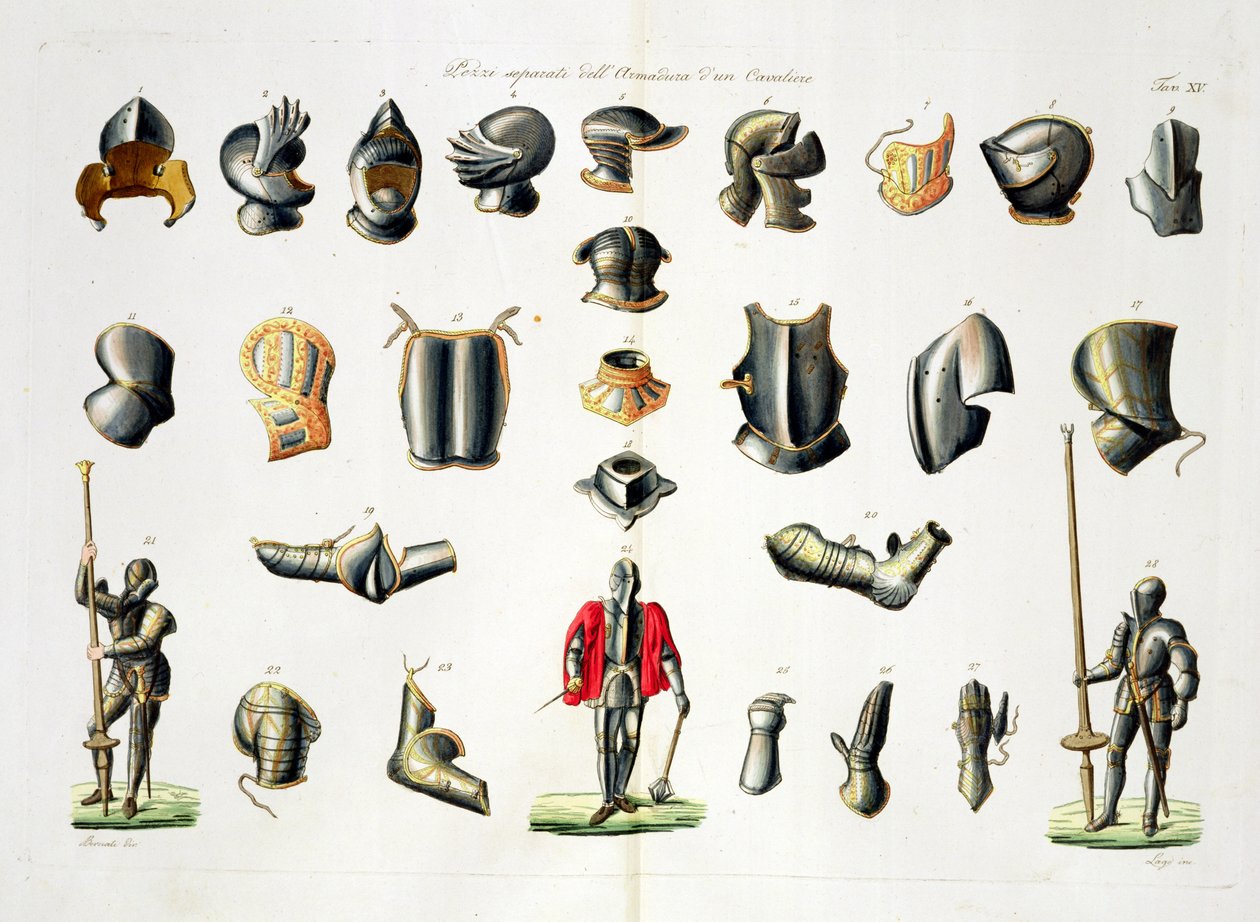 Losse stukken van een ridderharnas, plaat 15 uit The History of the Nations, gegraveerd door G. Lago door Italian School