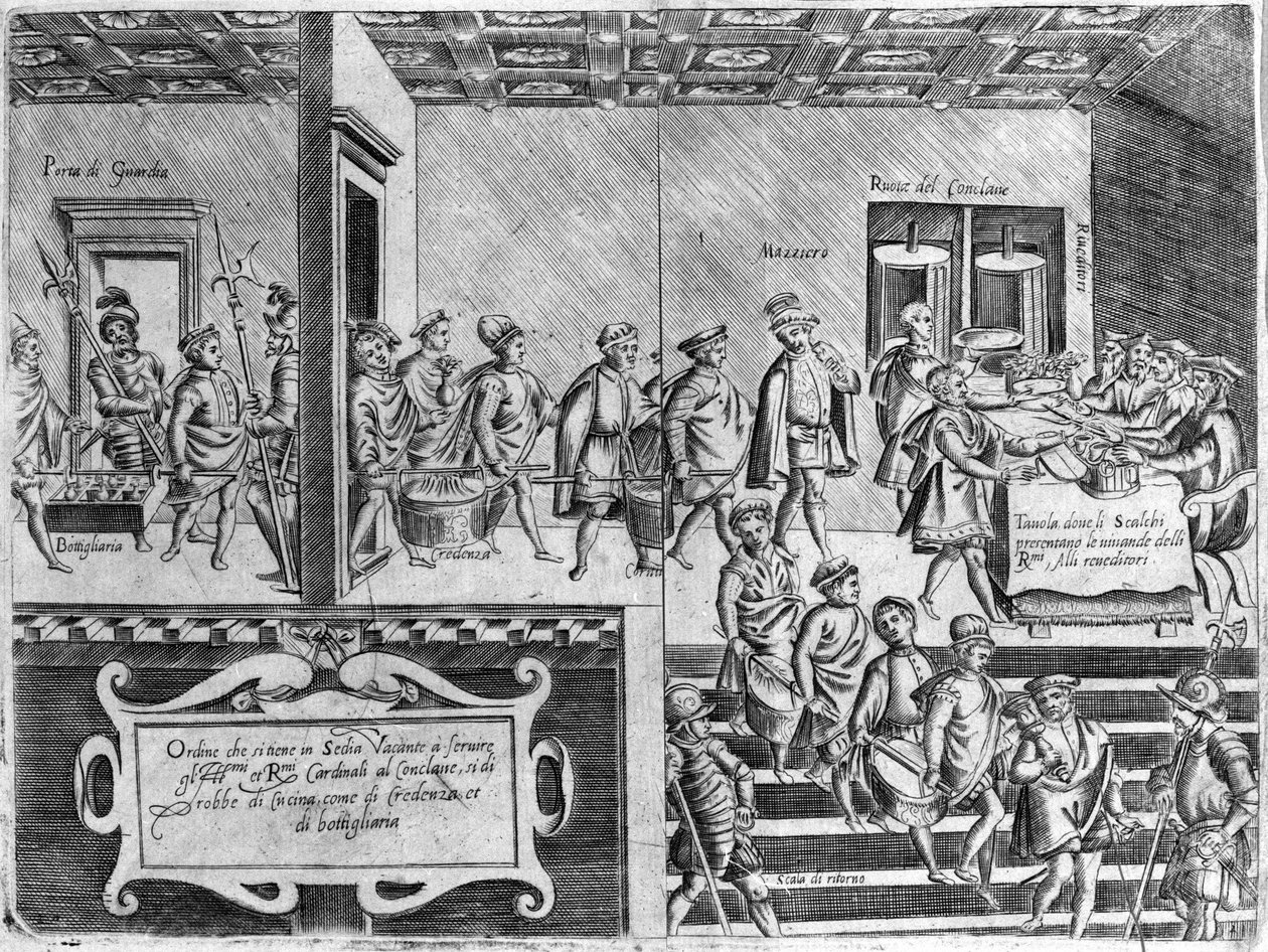Dienst van de kardinalen tijdens een conclaaf. Gravure uit 