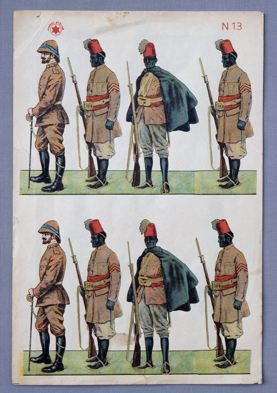 Soldaten in Ascari-uniformen, uit papier geknipte soldaten, vergulde litho, gemaakt door Stella, Italië, 20e eeuw door Italian School