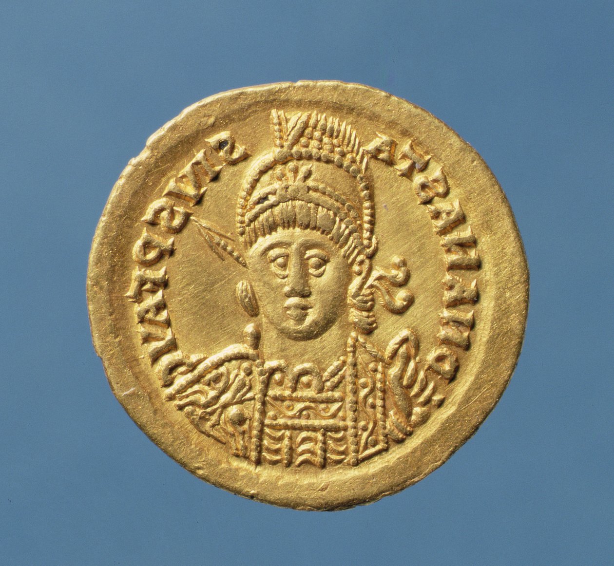 Solidus (voorzijde) geslagen door Theodorik I (AD 471-AD 526) Ostrogotische koning van Italië, kopie van een solidus van Anastasius Byzantijnse keizer (AD 491-AD 518) (goud) Inscriptie: DN ANASTASIVS P F AVG door Italian School